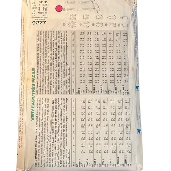 Vogue Maternity Pattern 9277 7-Piece Wardrobe Dress & Tunic Sizes 12-14-16 - Picture 2 of 2